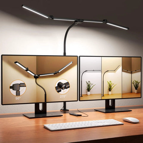 Ultra Wide 31.5 Inch Desk Lamp With Clamp 24W 1800LM Auto Dimming on a desk between two monitors showing lamp angle adjustments.