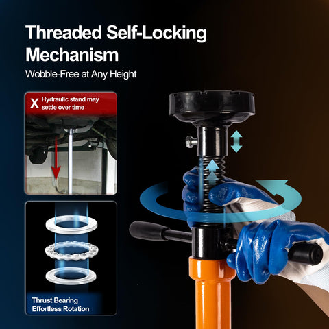 Heavy Duty Underhoist Jack Stand Built Like A Tank For One Ton Loads With Wide Steel Base and Dual Pads showing self-locking mechanism.