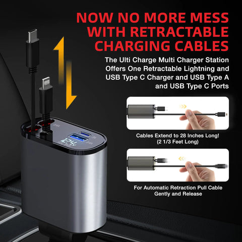 Hella Quick Retractable Car Charger Featuring Four USB C Ports And 120 Watt Output, compact design with retractable cables for easy use.