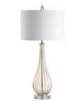 Champagne Glass Table Lamp With Teardrop Crystal Accent, 32.75 Inch Tall, White Faux Silk Drum Shade, Living Room Bedside Light