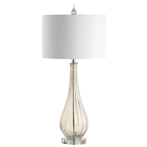 Champagne Glass Table Lamp With Teardrop Crystal Accent, 32.75 Inch Tall, White Faux Silk Drum Shade, Living Room Bedside Light