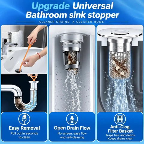 Removable Stainless Steel Hair Catcher Basket For Bathroom Sink Tub And Shower With Pop Up Drain Stopper Hella Tough No Fuss Clogging Shield showing easy removal and wash features.