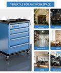 Heavy Duty 5 Drawer Rolling Tool Chest With Super Smooth Drawers To Glide Like Butter, shown in various workspace settings.
