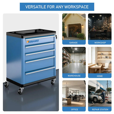 Heavy Duty 5 Drawer Rolling Tool Chest With Super Smooth Drawers To Glide Like Butter, shown in various workspace settings.