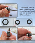 Close-up of Dipstick and Drain Plug Seal O Ring Kit for Volvo Penta DP SX with dipstick, vent, and drain O-rings displayed.