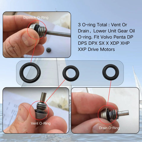 Close-up of Dipstick and Drain Plug Seal O Ring Kit for Volvo Penta DP SX with dipstick, vent, and drain O-rings displayed.