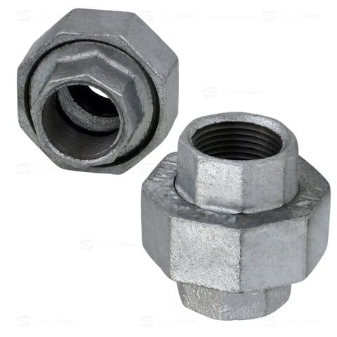 1-1/2 Inch Galvanized Malleable Iron Straight Union With Female Threaded Ends, 150 Lb Rating, Heavy Duty Pipe Fitting For Plumbing, UL ULC FM Approved, shown in two views