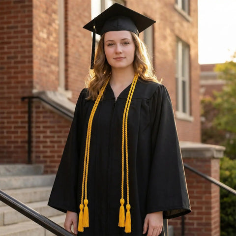 Graduate in black gown wearing 67 Inch Gold Graduation Honor Cord With Tassels, Double Braided Academic Rope For Bachelor, Master And Doctoral Gowns, Ceremony And Photo Decor, Ideal 2025 Graduation Accessory