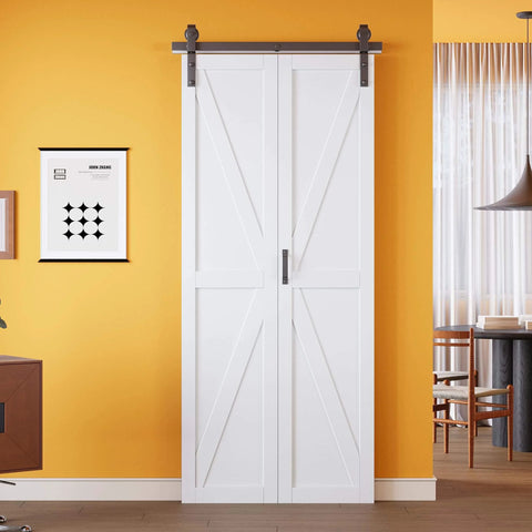 Space Saving Bifold Barn Door Kit With Pre Assembled Panels And Sliding Hardware Solid Core Construction Water Resistant Finish Easy Assembly K Shape Bi Fold Door 36 By 84 Inches Maximizes Wall And Floor Space front view