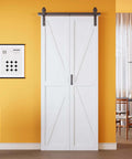 Bifold Barn Door With Preassembled Panels And Sliding Hardware Kit Set Solid Core in a living room, K Shape 40x84 inch