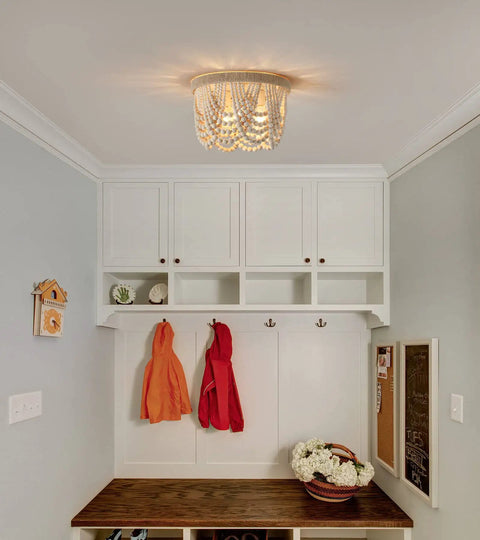 Boho Chic Wood Beaded Flush Mount Light Fixture, Rustic Farmhouse Three Light Chandelier for Bedroom, Hallway, Entry, Kitchen, Living Room, Nursery, E26 Sockets, Natural Hemp Rope Trim