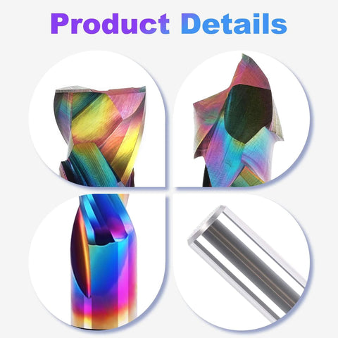 Pro Grade One Quarter Inch Shank Compression Router Bit Extra Long Four Inch Overall Length Two Inch Cutting Length DLC Coated Up Down Cut Solid Carbide CNC End Mill For Wood MDF Acrylic PVC Woodworking details shown in four views, highlighting the bit's design and finish.