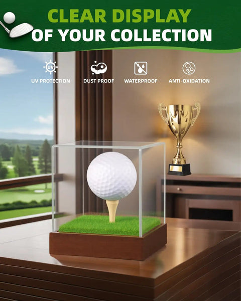 Epic Golf Ball Display Case With Clear Acrylic Cube And Solid Wood Base showcasing one golf ball on a table.