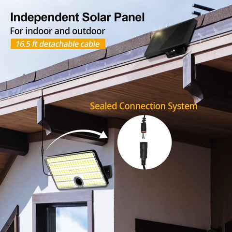 Solar Powered Outdoor Lights With 85 LED Beads, 4000 Lumens, Motion Sensor, Detachable 16.4 Ft Cable, IP65 Waterproof mounted on roof