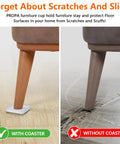 Comparison of furniture leg with and without Clear 2 Inch Furniture Coasters For Hardwood Floors, Square Non Slip Rubber Pads.