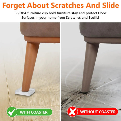 Comparison of furniture leg with and without Clear 2 Inch Furniture Coasters For Hardwood Floors, Square Non Slip Rubber Pads.