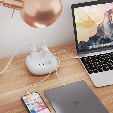 Desk setup with 65W USB Power Strip With Surge Protection, Compact Travel Hub With Dual USB Ports And USB C charging devices