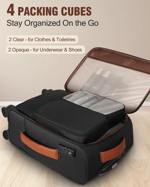 Lightweight 20 Inch Softside Carry On Luggage With Four Spinner Wheels Airline Approved 22 By 14 By 9 TSA Lock open with packing cubes