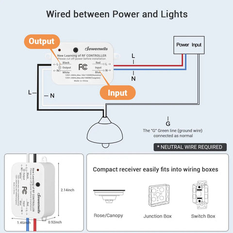 Wiring diagram for Plug-and-Play Wireless Light Switch And Receiver Kit No In-Wall Wiring Required Remote Control 100 Ft RF Range