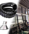 Stainless Steel Fume Hood With 360 Rotatable Smoke Extractor Tube For Laser Engraver Workshop Dust Extraction And Soldering Fumes Custom Fit Knocks Smoke Right Out, featuring flexible black hose and metal funnel.