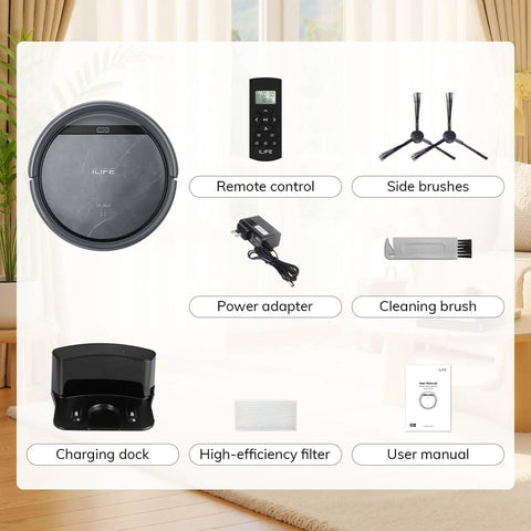 V5s Max Robot Vacuum With Beast Mode 4000Pa Suction Gyroscope Navigation accessories including remote control and charging dock