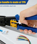 Hand using RJ45 Crimp Tool Set For Ethernet Cabling Pro Grade Workhorse Crimping Tool With Mini Wire Stripper in action