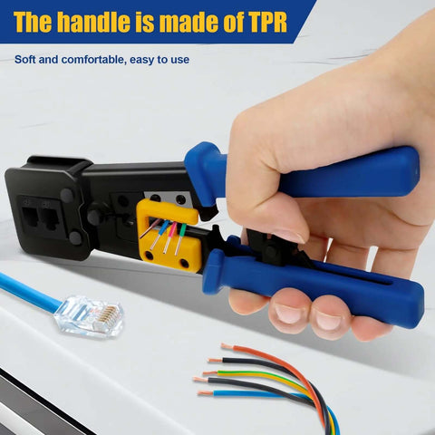 Hand using RJ45 Crimp Tool Set For Ethernet Cabling Pro Grade Workhorse Crimping Tool With Mini Wire Stripper in action