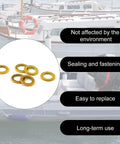 Six Pack Gearcase Drain Plug Seal Washer Gaskets For Mercury Outboard Motors 6 Pcs Rubber Iron Construction Marine Grade Seals For Leak Free Fit And Easy Replacement, 6 yellow gaskets on boat background