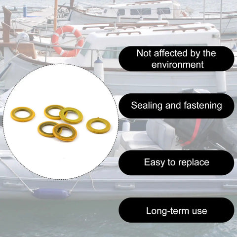 Six Pack Gearcase Drain Plug Seal Washer Gaskets For Mercury Outboard Motors 6 Pcs Rubber Iron Construction Marine Grade Seals For Leak Free Fit And Easy Replacement, 6 yellow gaskets on boat background