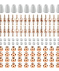 Grab Your 85Pcs Plasma Cutter Consumable Kit Set Perfect For PT31 40 Torch And CT312 Models With Tough Metal Ceramic Nozzles That Last Longer And Cut Smoother - Assorted components including copper contacts and ceramic nozzles.