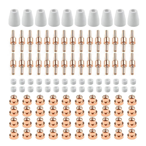 Grab Your 85Pcs Plasma Cutter Consumable Kit Set Perfect For PT31 40 Torch And CT312 Models With Tough Metal Ceramic Nozzles That Last Longer And Cut Smoother - Assorted components including copper contacts and ceramic nozzles.