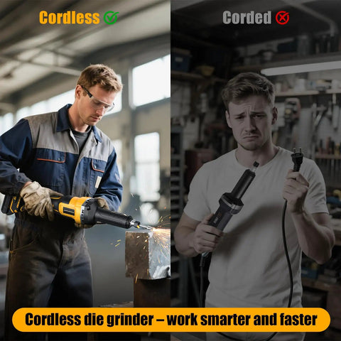 Heavy Duty Die Grinder Cranking 25000 Rpm With Quarter Inch Collet Plus Carbide Bit in use, highlighting cordless design for wood carving.