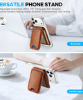 Top Shelf Genuine Leather MagSafe Wallet With Integrated Stand Holds Six Credit Cards Securely Showcased In Smooth Brown Oil Waxed Cowhide in portrait and landscape views.