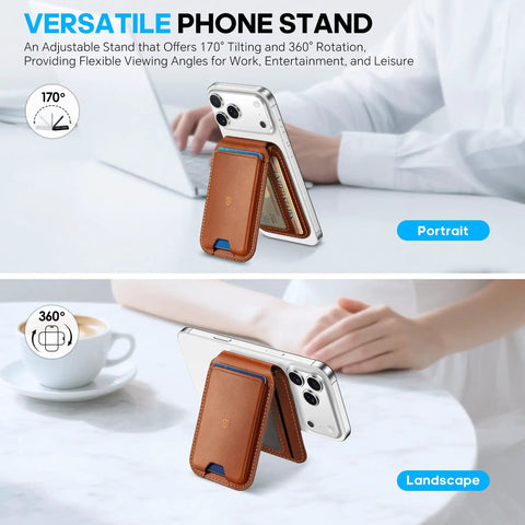 Top Shelf Genuine Leather MagSafe Wallet With Integrated Stand Holds Six Credit Cards Securely Showcased In Smooth Brown Oil Waxed Cowhide in portrait and landscape views.