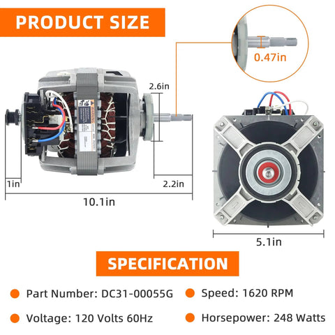 Dimensions and specifications of Drop In Dryer Induction Motor 120V 60Hz 1630 RPM One Third HP Left Hand Thread for Samsung Kenmore.