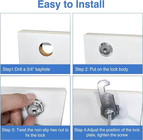 Installation steps for Keyed Alike Cabinet Cam Locks Set 1-1/2 Inch With Keys for cabinets and thick drawers.