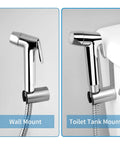 Sink Faucet Hose Sprayer Attachment With 10 Adapters All In One Dual Function Handheld Bidet Rinser And Shower Head mounted on wall and toilet tank.
