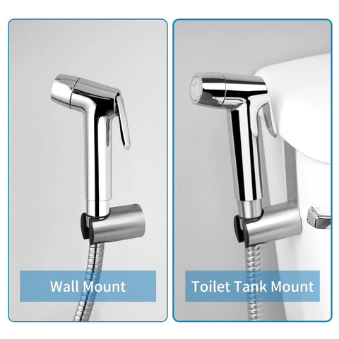 Sink Faucet Hose Sprayer Attachment With 10 Adapters All In One Dual Function Handheld Bidet Rinser And Shower Head mounted on wall and toilet tank.