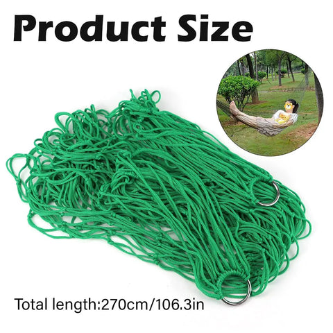 Durable Nylon Hanging Hammock For Outdoor Camping And Chill Lightweight Yet Strong Sleeping Net Bed Easy Quick Setup High Strength Rope Hammock Green Color shown unfolded with size details