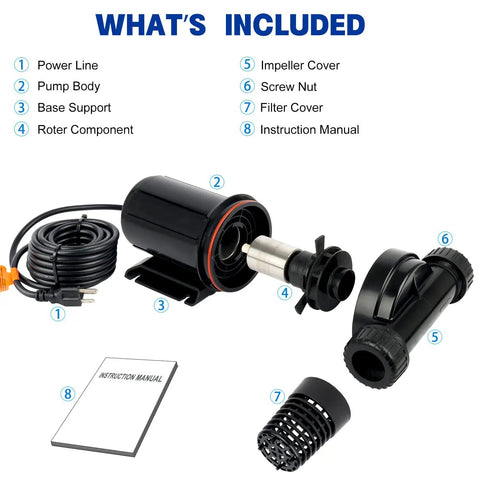 Components included with the 2600GPH Pond Pump For Outdoor Use Submersible Or Inline High Head Water Pump For Garden.