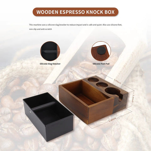 4 In 1 Espresso Knock Box And Tamper Mat Stand For 58mm Coffee Accessories Featuring A 1.5L Detachable Stainless Steel Knock Box In Brown Walnut Finish