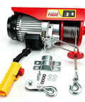 1320 Lbs Powerful Mini Electric Hoist with 1200W 110V winch crane and 40 ft steel wire rope, including slings and hooks for equipment lifting.