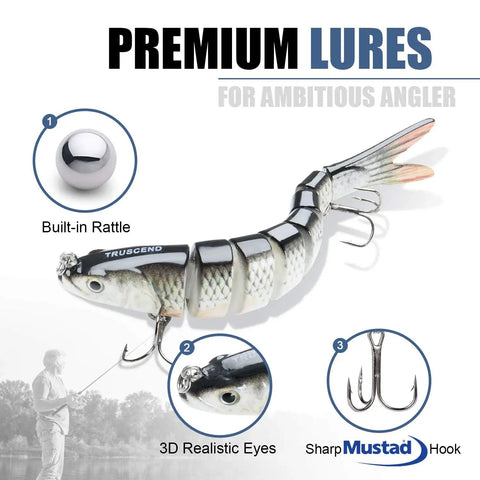 Easy Catch Three Action Swimbait Lure With BKK Hooks featuring 3D eyes, built-in rattle, and sharp Mustad hook, jointed design for fishing.