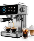 Digital Touchscreen Espresso Maker With 20 Bar Pressure Pump And Dual Spout Portafilter 51 Oz Tank, brewing espresso, stainless steel design.