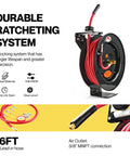 Heavy Duty 3/8 Inch x 50 Ft Air Hose Reel With Industrial Steel Construction, displayed showing ratcheting system and MNPT connects.