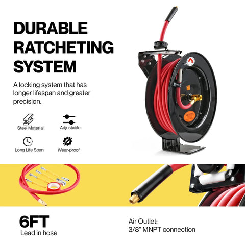 Heavy Duty 3/8 Inch x 50 Ft Air Hose Reel With Industrial Steel Construction, displayed showing ratcheting system and MNPT connects.