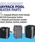 Three Raypak Rheem pool heater models R185A, R265A, R335A, R405A with text fitting 006723F connector union.
