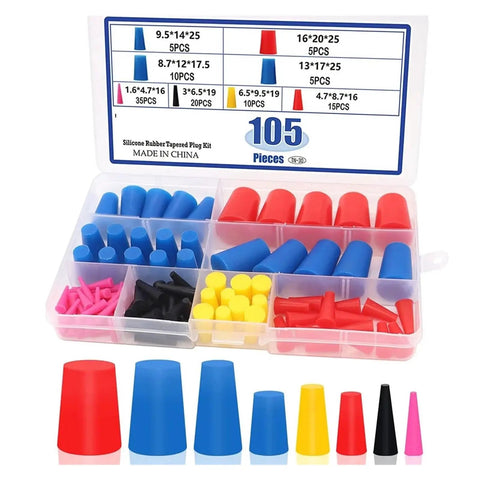 Premium Silicone Rubber Tapered Plug Set 105 Pcs High Temp Masking Plows For Powder Coating, Heat Resistant Cone Assortment Kit To Keep Your Gear Safe And Sound. 105-piece silicone plugs in assorted sizes and colors in storage case