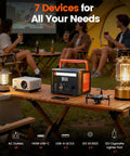 Lightweight Portable Power Station Delivers 600W Continuous Power With 1200W Surge 299Wh Battery Backup shown on a camping table