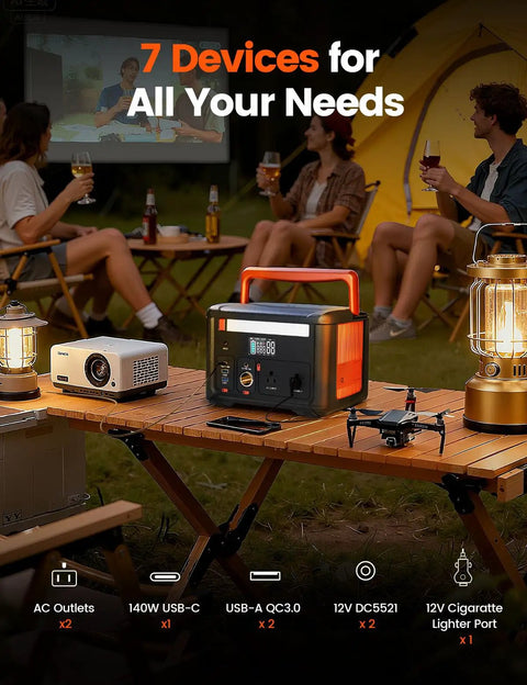 Lightweight Portable Power Station Delivers 600W Continuous Power With 1200W Surge 299Wh Battery Backup shown on a camping table
